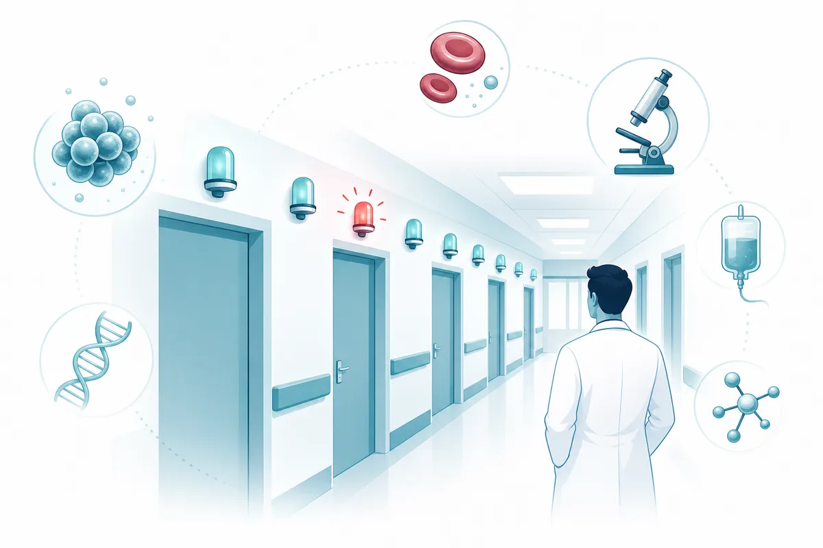 Illustration of one warning light hidden among a row of identical lights in a corridor