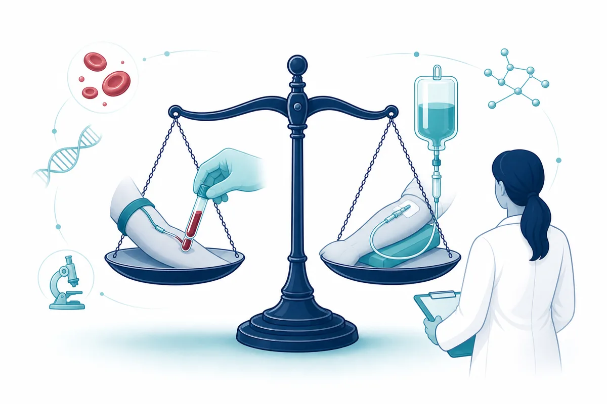 Blood sample tube beside an infusion line started simultaneously