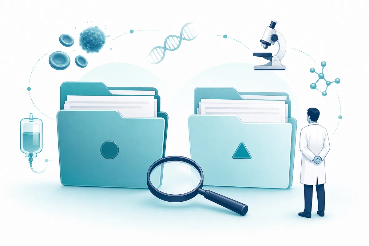 Two similar folders being compared with a magnifying glass