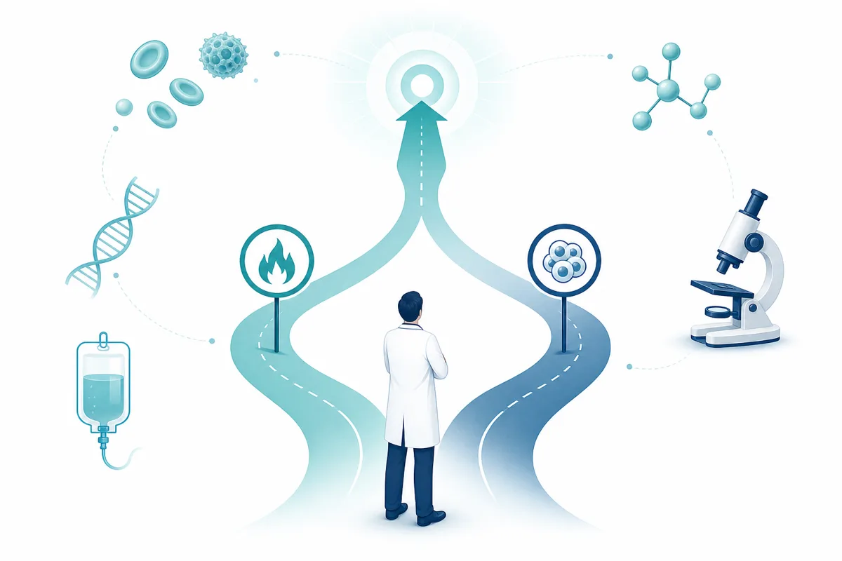 Illustration of two converging paths representing infection and malignancy triggers meeting at a single diagnosis