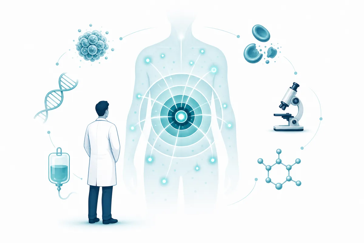 Targeted radioligand concept showing a beam locating scattered points across a body outline