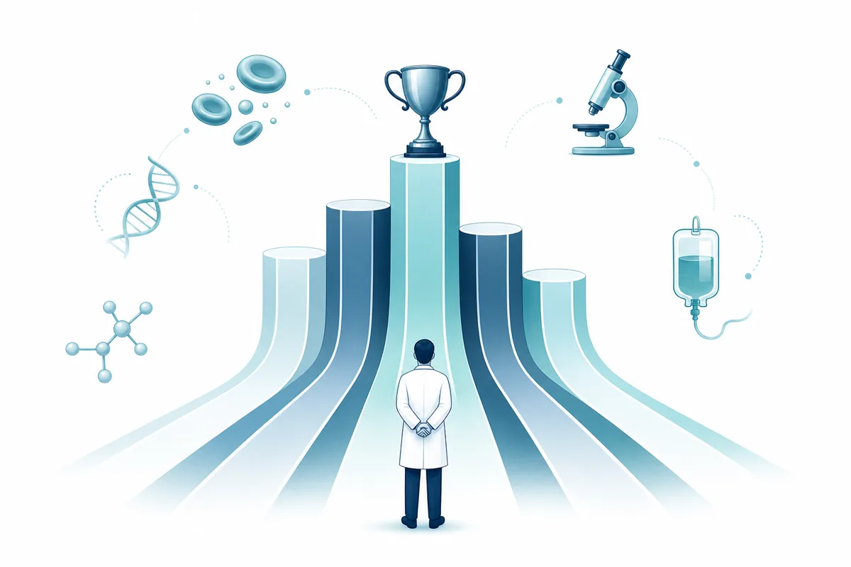 Multiple paths of varying heights converging toward a single podium