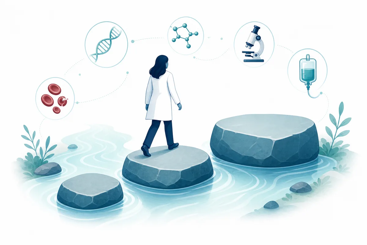 Three stepping stones of increasing size crossing a stream