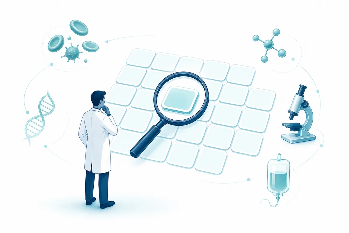 A magnifying glass highlighting one tile within a grid of tiles