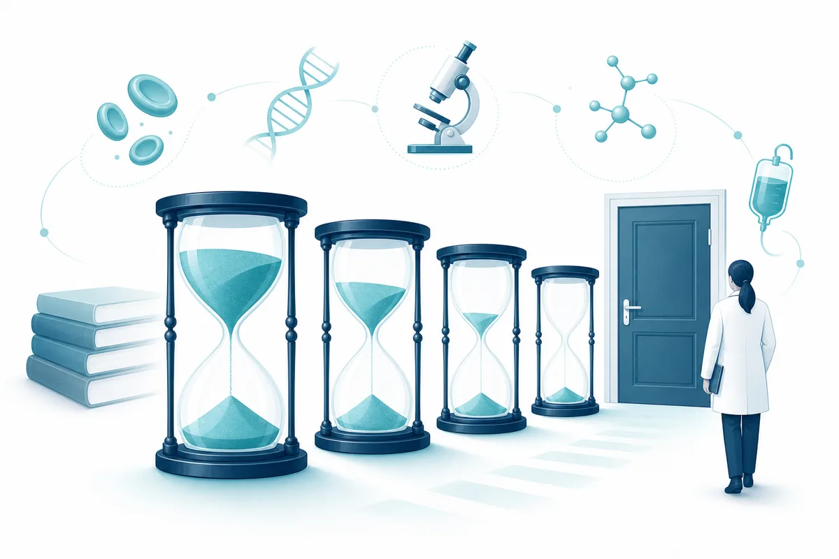 Four hourglasses in a row representing a four-week countdown toward an exam