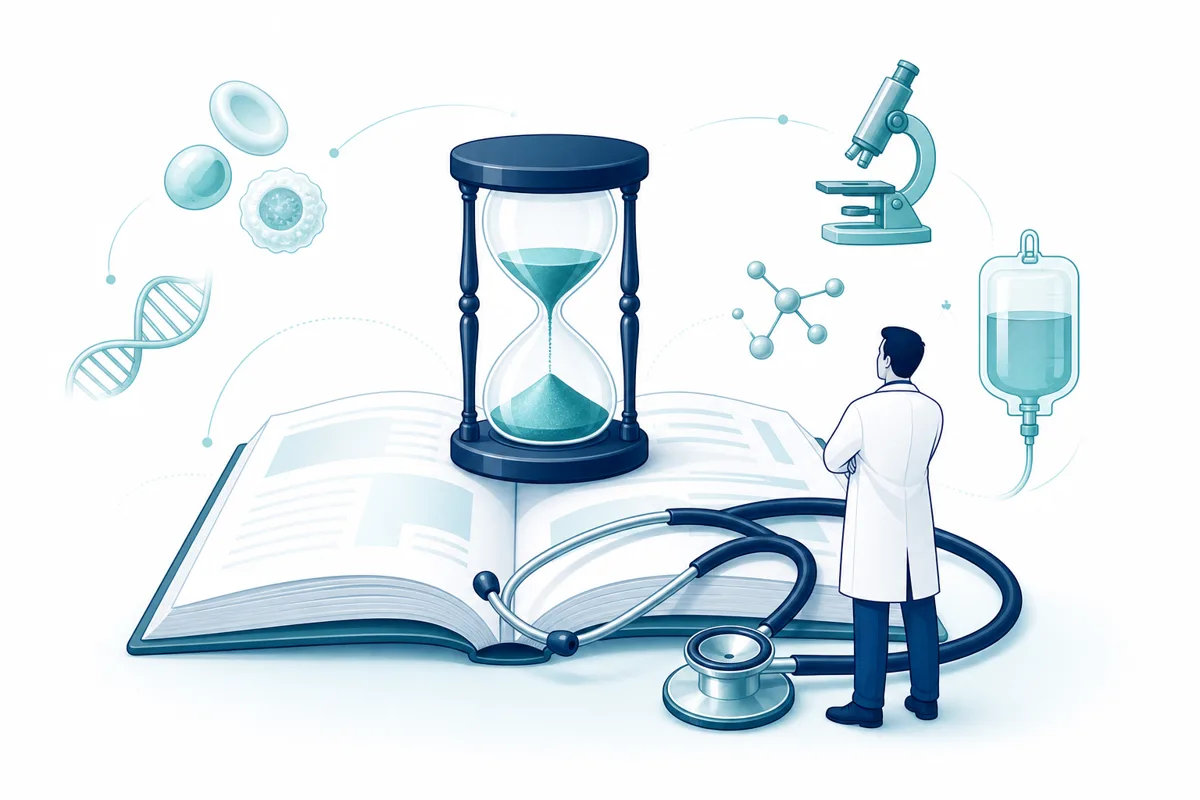 Illustration of an hourglass beside a stethoscope and an open book