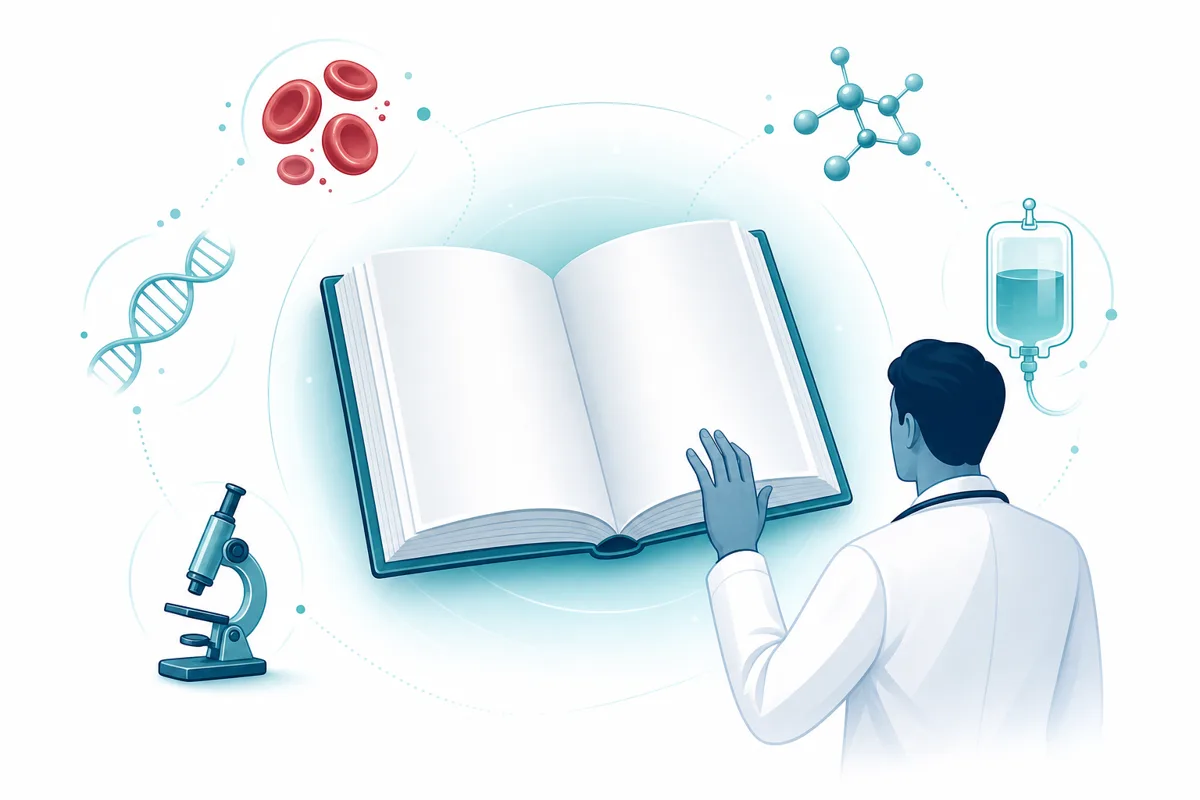 A clinician pausing before consulting an open reference book
