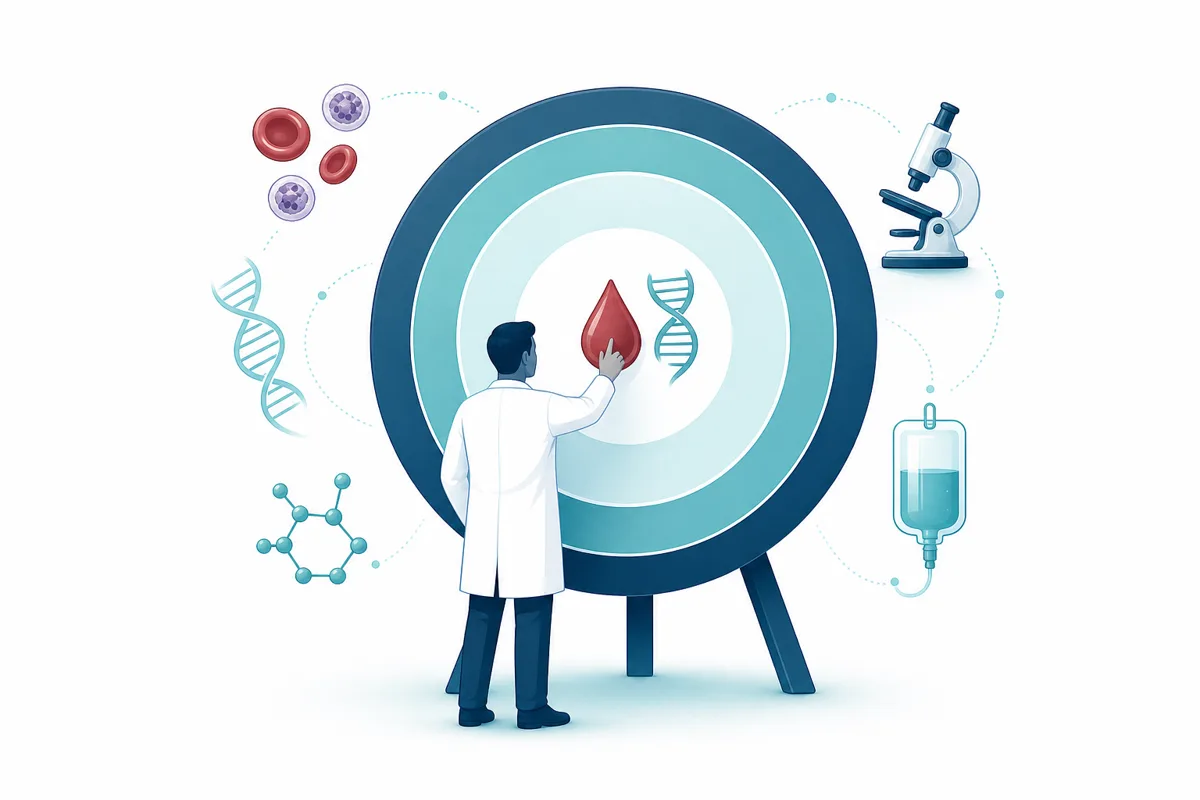 Clinician reaching toward the center of a target marked with hematology icons