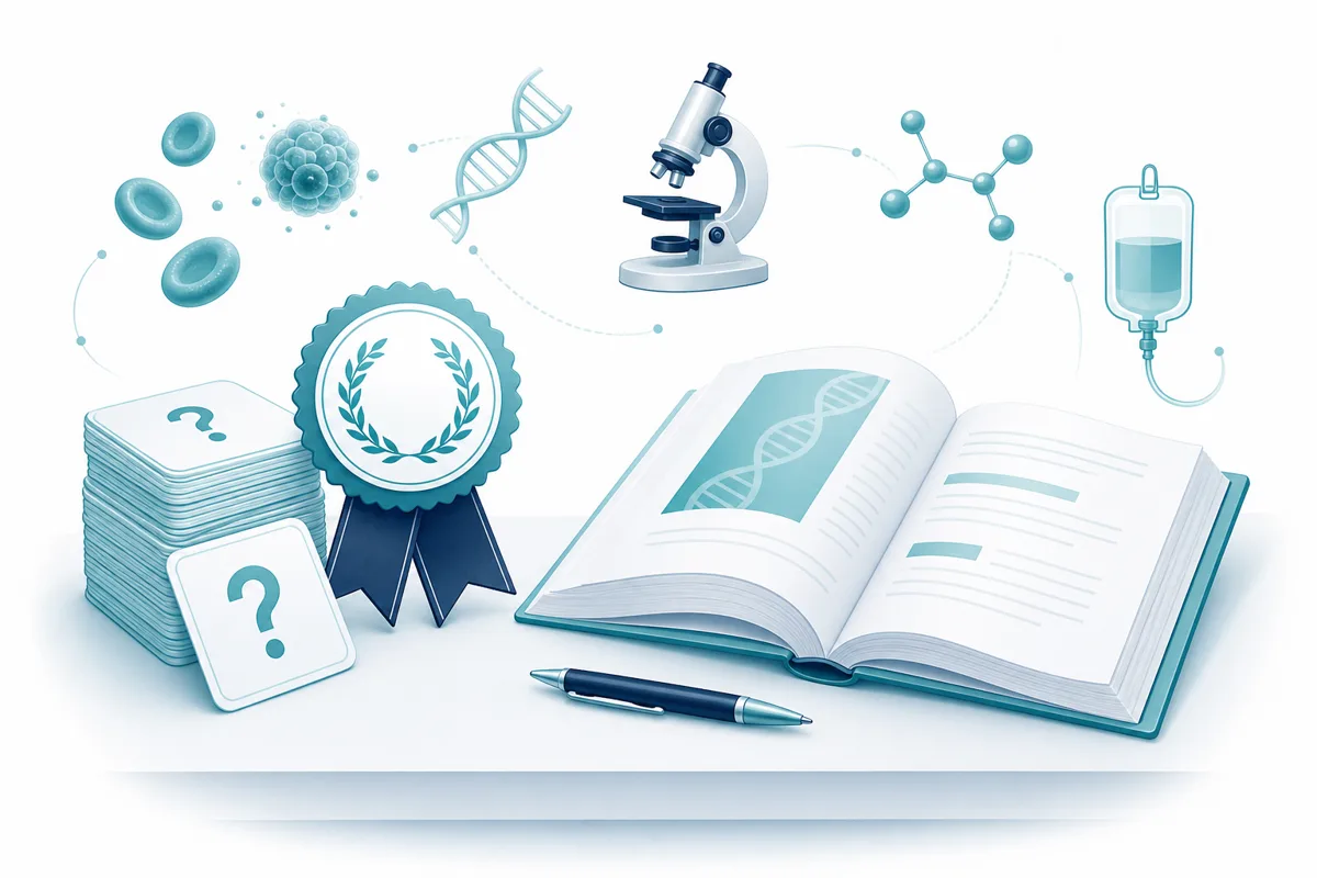 CME certificate and question cards beside an open textbook page