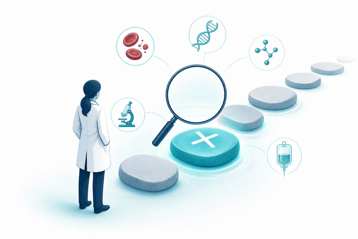 Magnifying glass examining one highlighted stepping stone among several plain ones