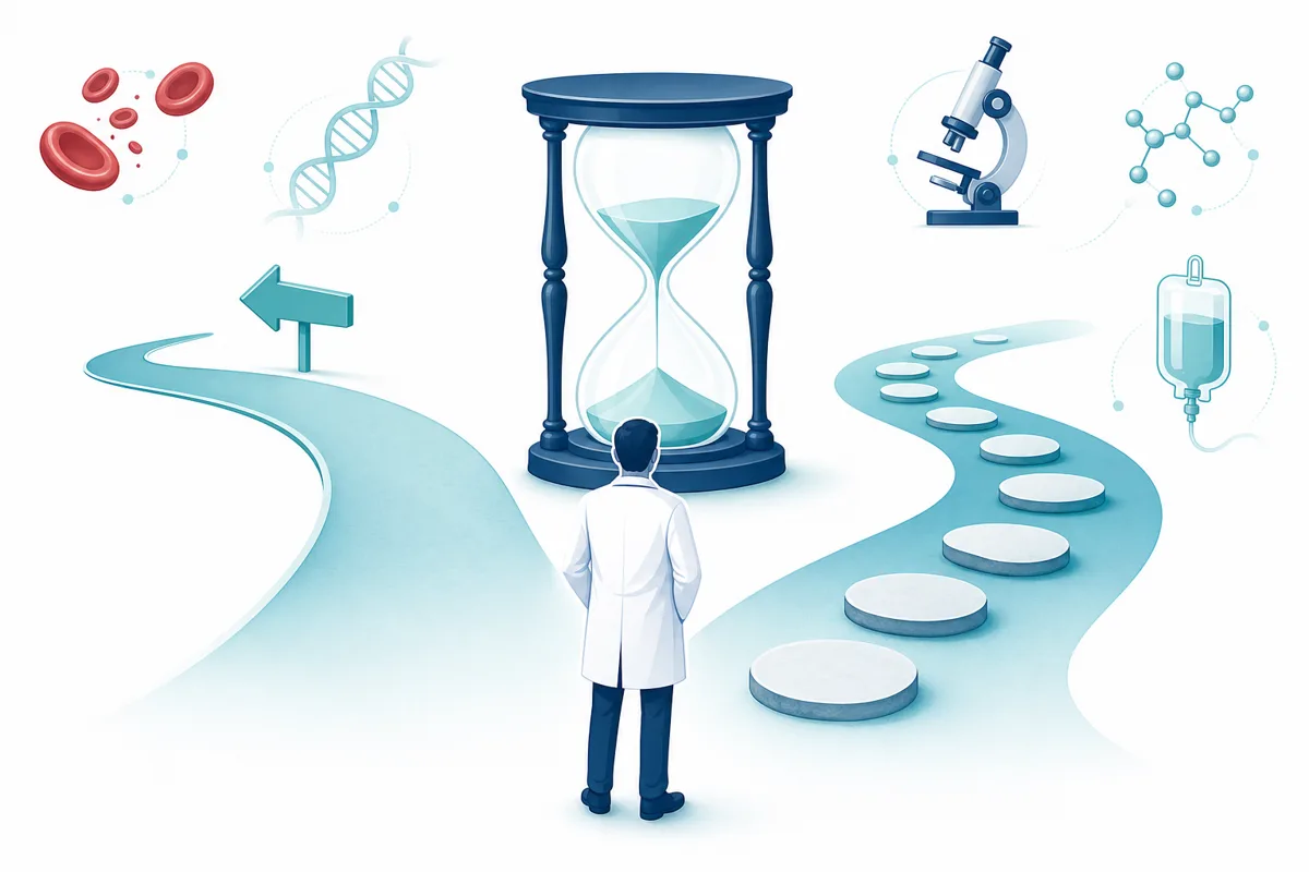 Two diverging paths around an hourglass, one direct and one with spaced stepping stones