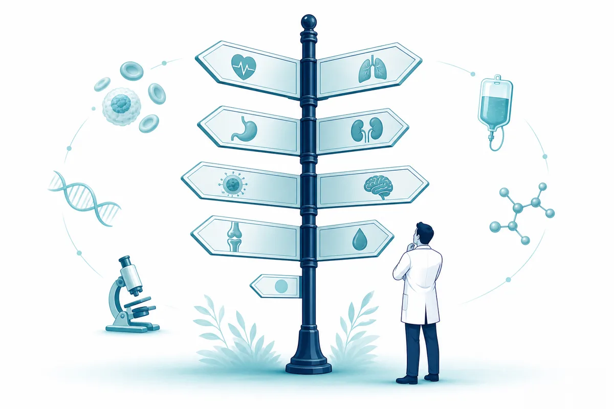 Signpost with many branching arms representing broad internal medicine subspecialty coverage