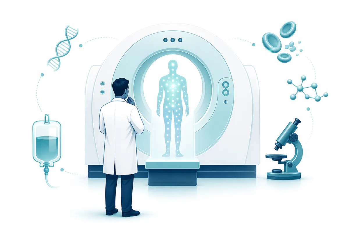 Illustrated clinician reviewing a conceptual PSMA PET scan pattern on a body outline