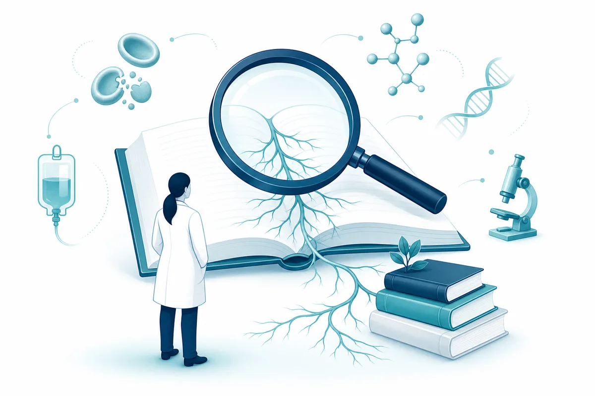 Magnifying glass over a book with roots extending toward smaller reference texts