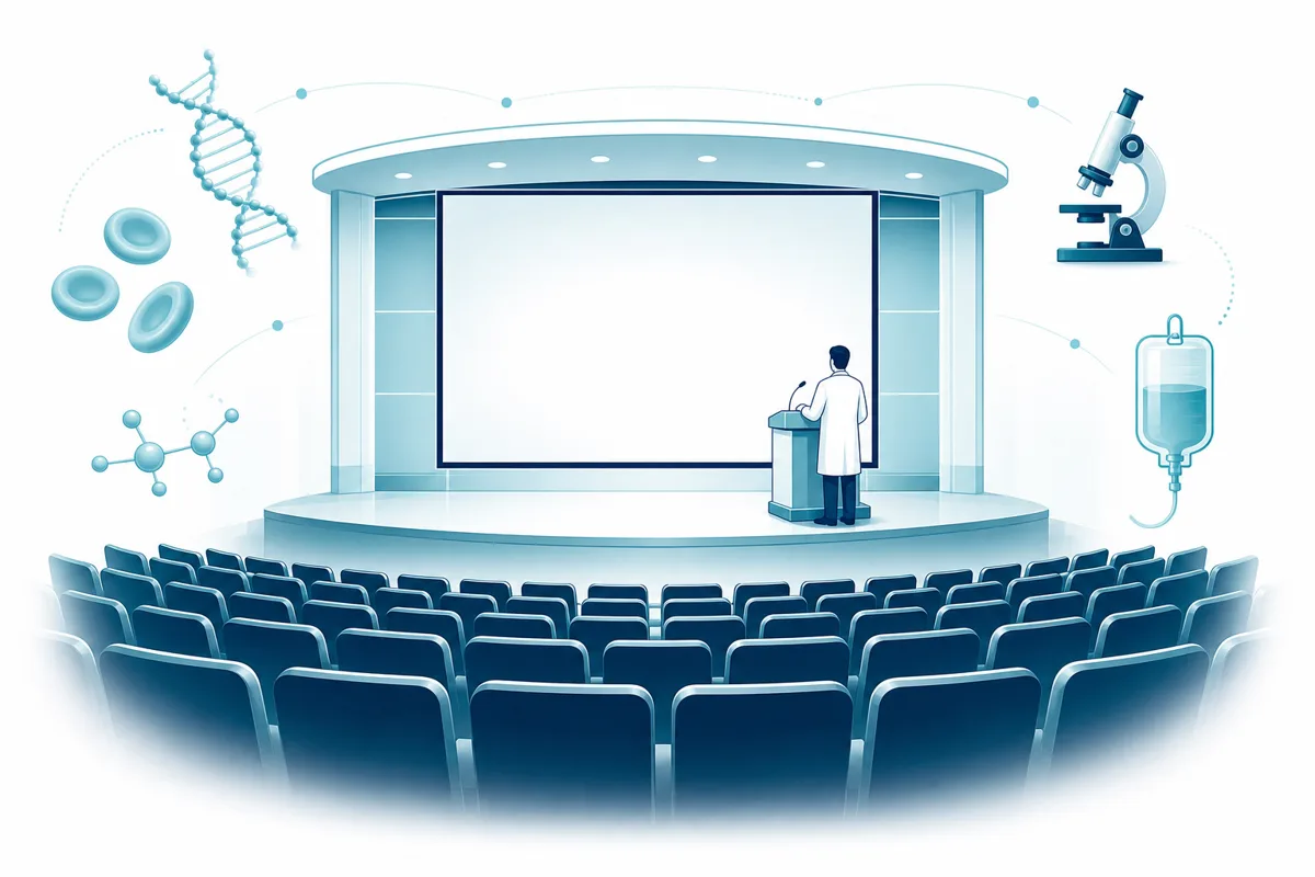 Empty lecture hall seating facing a stage, representing a live board review course