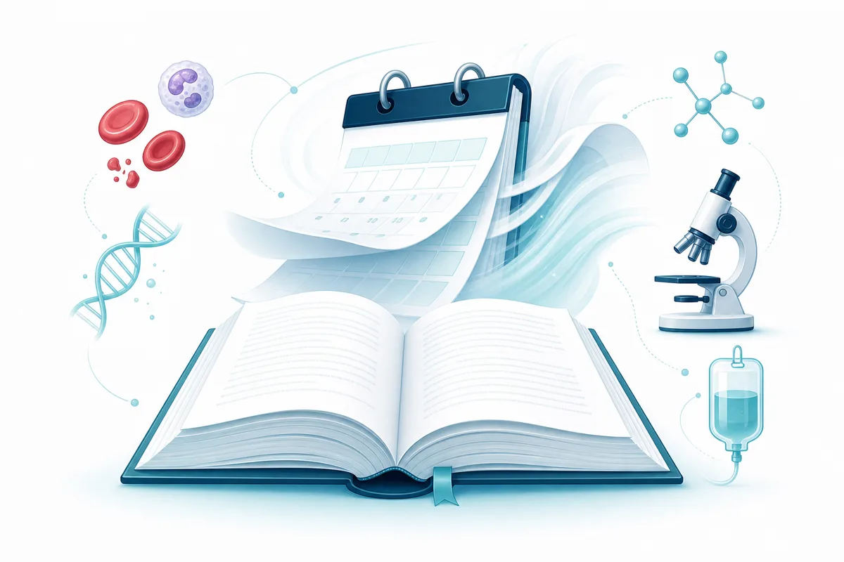 An open review book with pages of a calendar fluttering behind it
