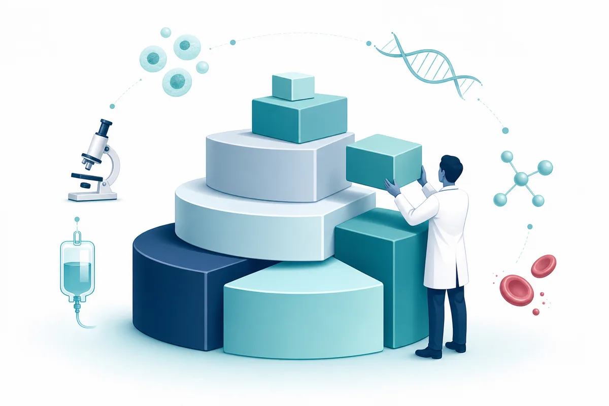 Clinician stacking unevenly sized blocks representing weighted study priorities