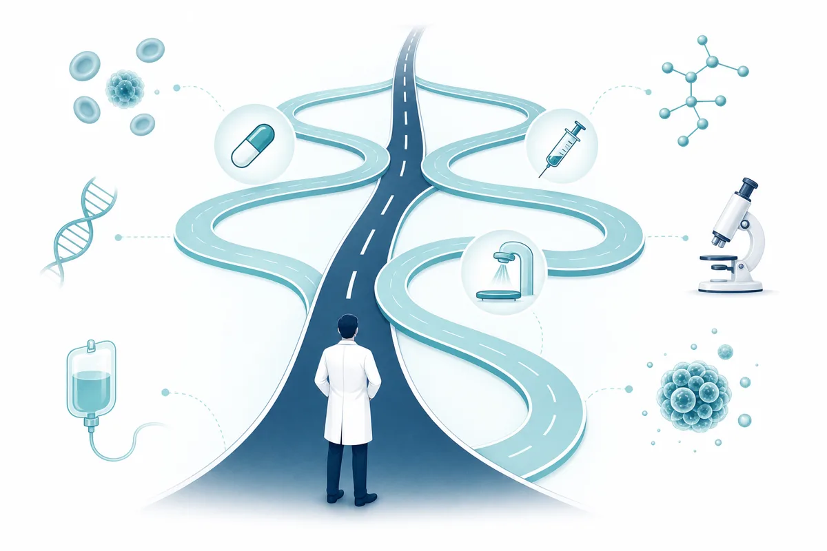 Branching paths rejoining a shared road, representing multiple treatment arms compared against one shared control group