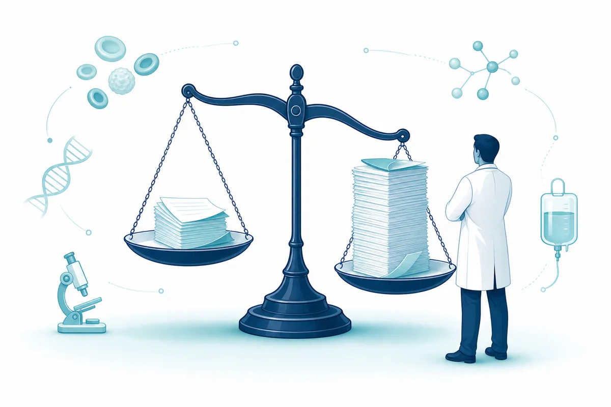 A balance scale weighing two stacks of papers representing question volume