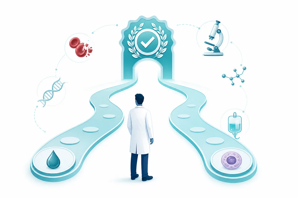 Two narrow focused study paths converging toward a certification gate
