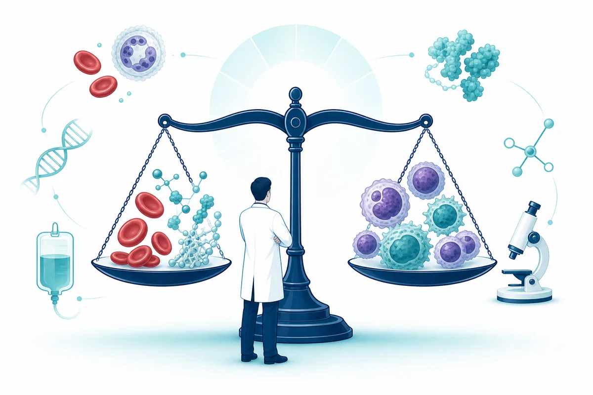Balance scale comparing coagulation and malignant hematology icons