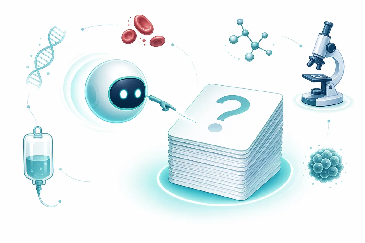 Assistant icon pointing at a question card within a stack