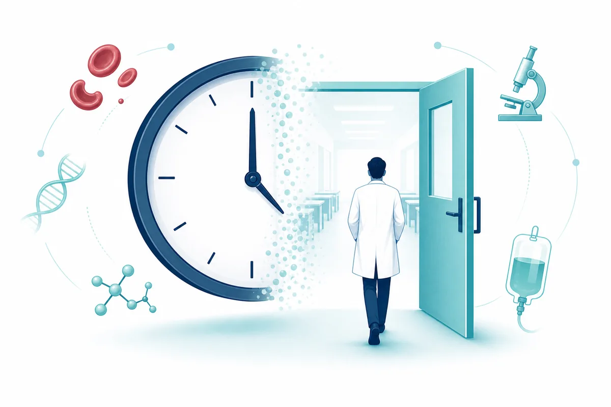 Clock face beside an open doorway representing a timed exam window